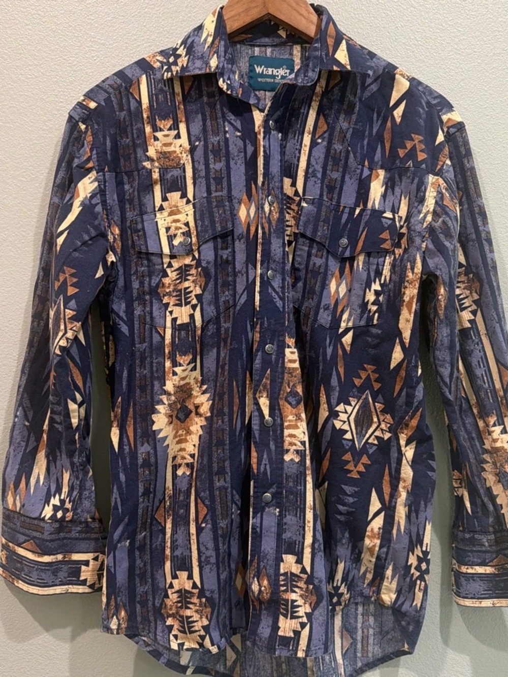 Wrangler Pearl Snap Cuffed Native Aztec Western Cowboy Shirt Outdoor Work Wear S